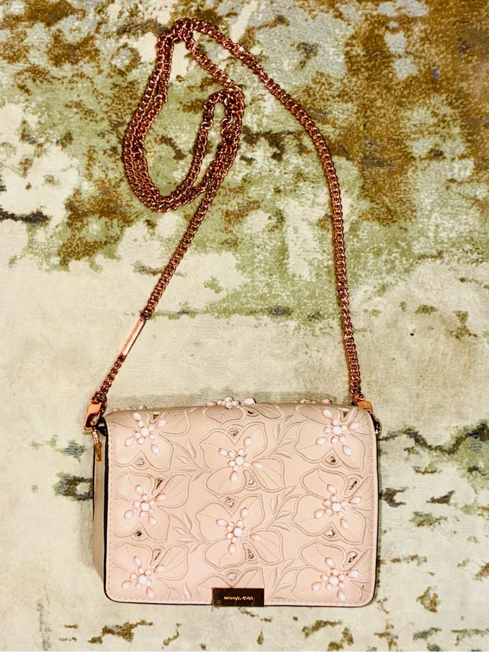 Michael Kors Jade Medium Gusset Blush Pink Gold Chain Beads Crossbody Handbag